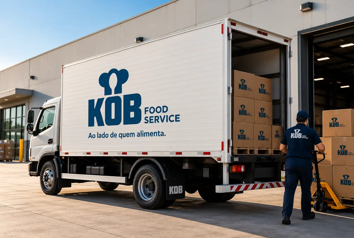 Caminhão baú da KOB Food Service com a porta traseira aberta na doca, sendo carregado com caixas da KOB por um funcionário com paleteira