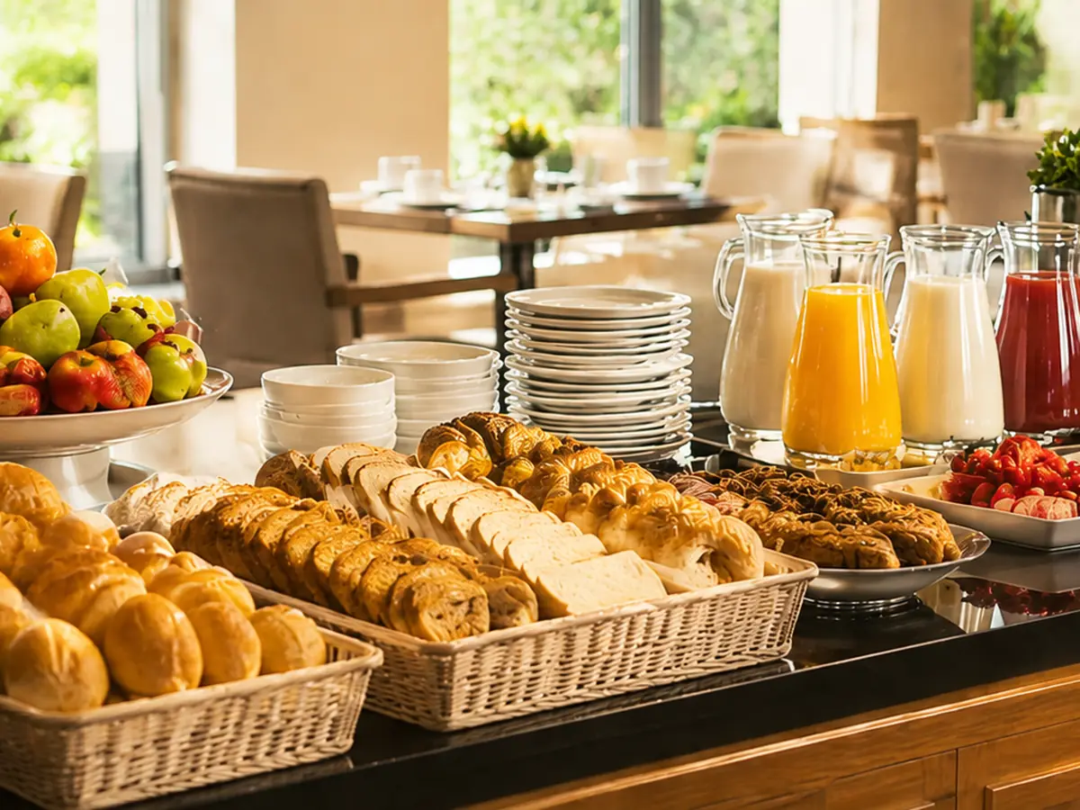 Buffet de café da manhã de hotel abastecido: cestas de pães, fruteira, pilhas de pratos, jarras de suco e leite e dispensers de cereais
