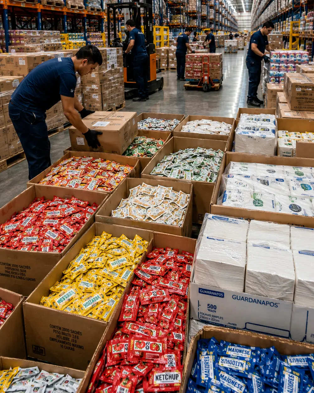 Corredor do centro de distribuição com caixas abertas de sachês de ketchup, maionese e guardanapos separadas para o mesmo pedido