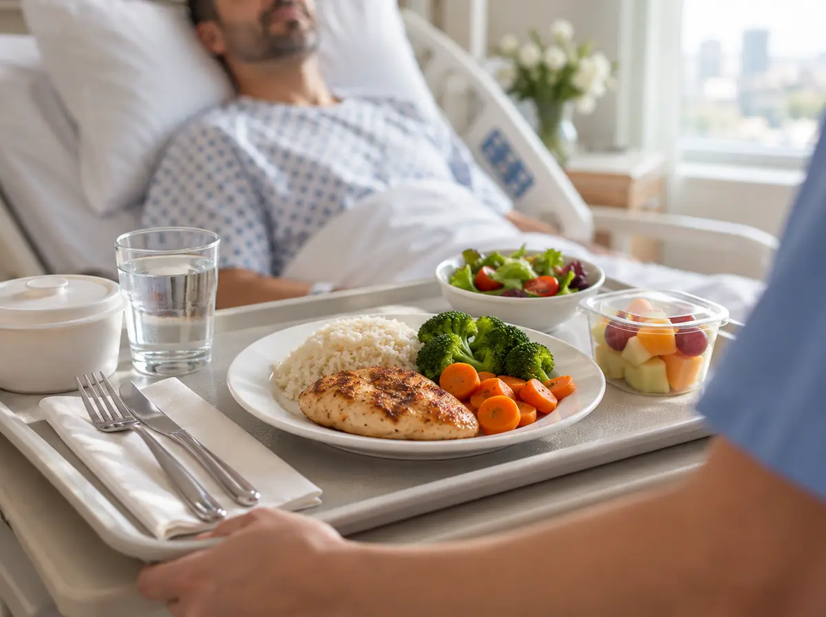 Bandeja de refeição servida no leito hospitalar: prato empratado, pote de fruta em porção individual e pote lacrado, com o paciente ao fundo