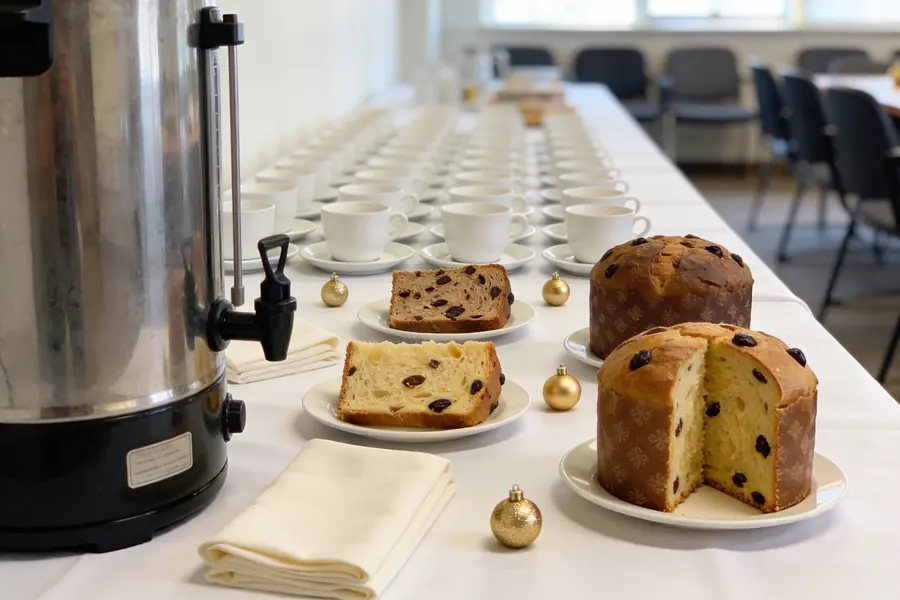 Mesa de coffee break com xícaras, garrafa térmica e fatias de panettone