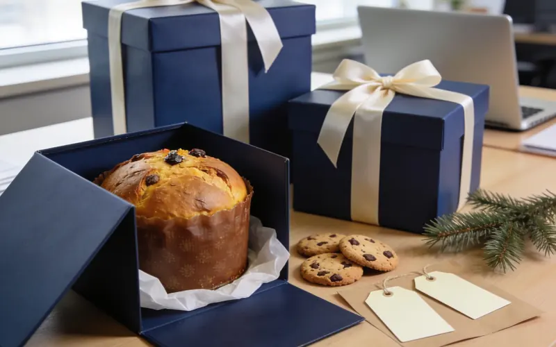 Caixas de presente azuis com laço creme na mesa do escritório, uma aberta com panettone e cookies