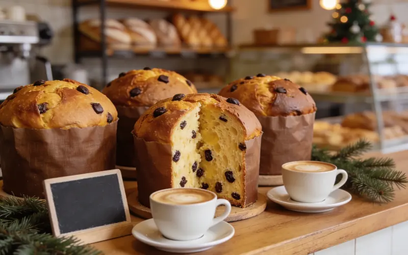 Balcão de padaria com panettones inteiros, um deles aberto, e dois cappuccinos
