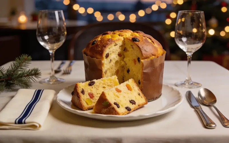 Mesa de restaurante posta para o jantar de fim de ano, com panettone fatiado e taças