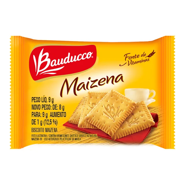 Biscoito Maizena Bauducco, embalagem de 9 g