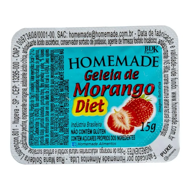 Geleia Diet Morango Homemade, embalagem de 15 g