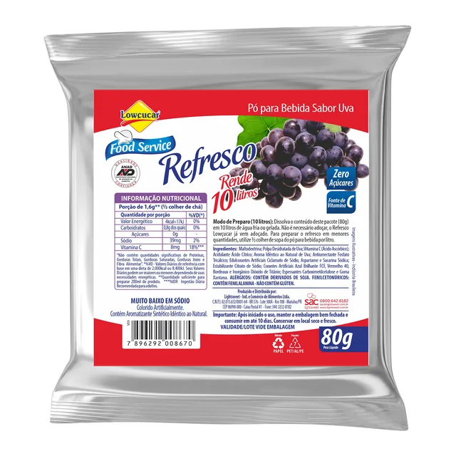 Refresco Uva Lowçucar, embalagem de 80 g